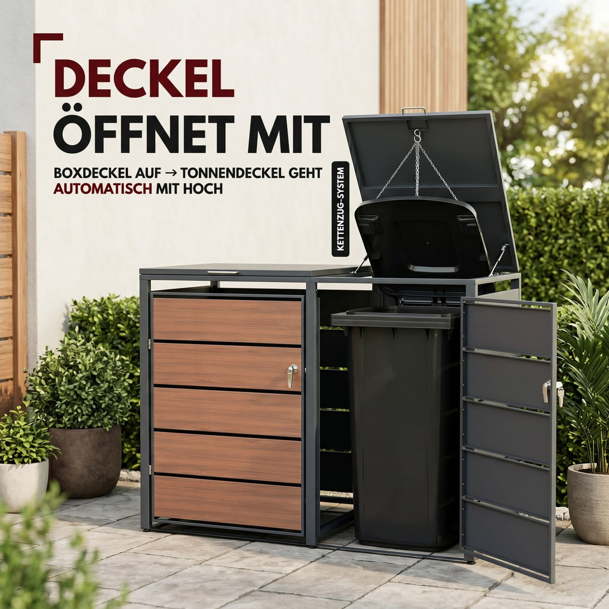 Mülltonnenbox 2er Holzdekor, 120L bis 240L, für Zwei Tonnen, Mülltonnenverkleidung aus verzinktem Metall mit Holzoptik, abschließbar, wetterfest, geprüft nach ISO9227, mit Aufkleber Set