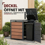 Mülltonnenbox 2er Holzdekor, 120L bis 240L, für Zwei Tonnen, Mülltonnenverkleidung aus verzinktem Metall mit Holzoptik, abschließbar, wetterfest, geprüft nach ISO9227, mit Aufkleber Set