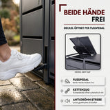 Mülltonnenbox 4er mit Pedal, 120L bis 240L, für Vier Tonnen, Metallverkleidung aus verzinktem Stahl, Anthrazit Grau RAL7016, abschließbar, wetterfest, ISO9227, mit Aufkleber Set