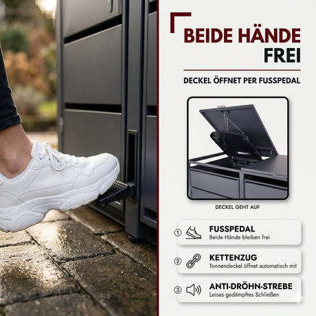Mülltonnenbox 4er mit Pedal, 120L bis 240L, für Vier Tonnen, Metallverkleidung aus verzinktem Stahl, Anthrazit Grau RAL7016, abschließbar, wetterfest, ISO9227, mit Aufkleber Set