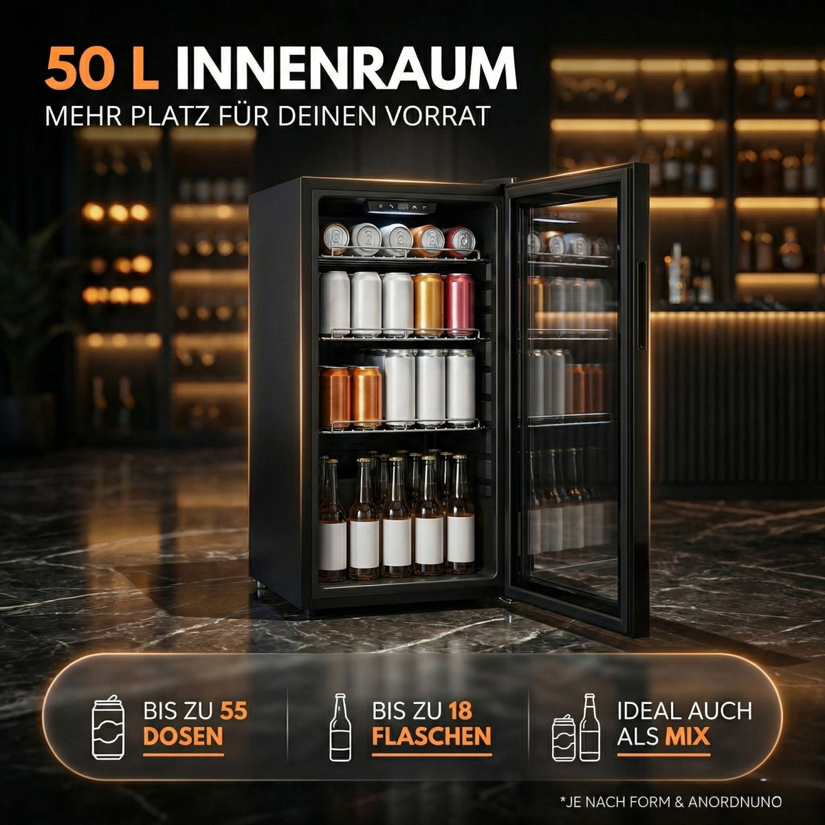 Kühlschrank GK 50– Leiser Getränkekühlschrank Gefrierfach mit LED, Touchscreen schwarz 50L