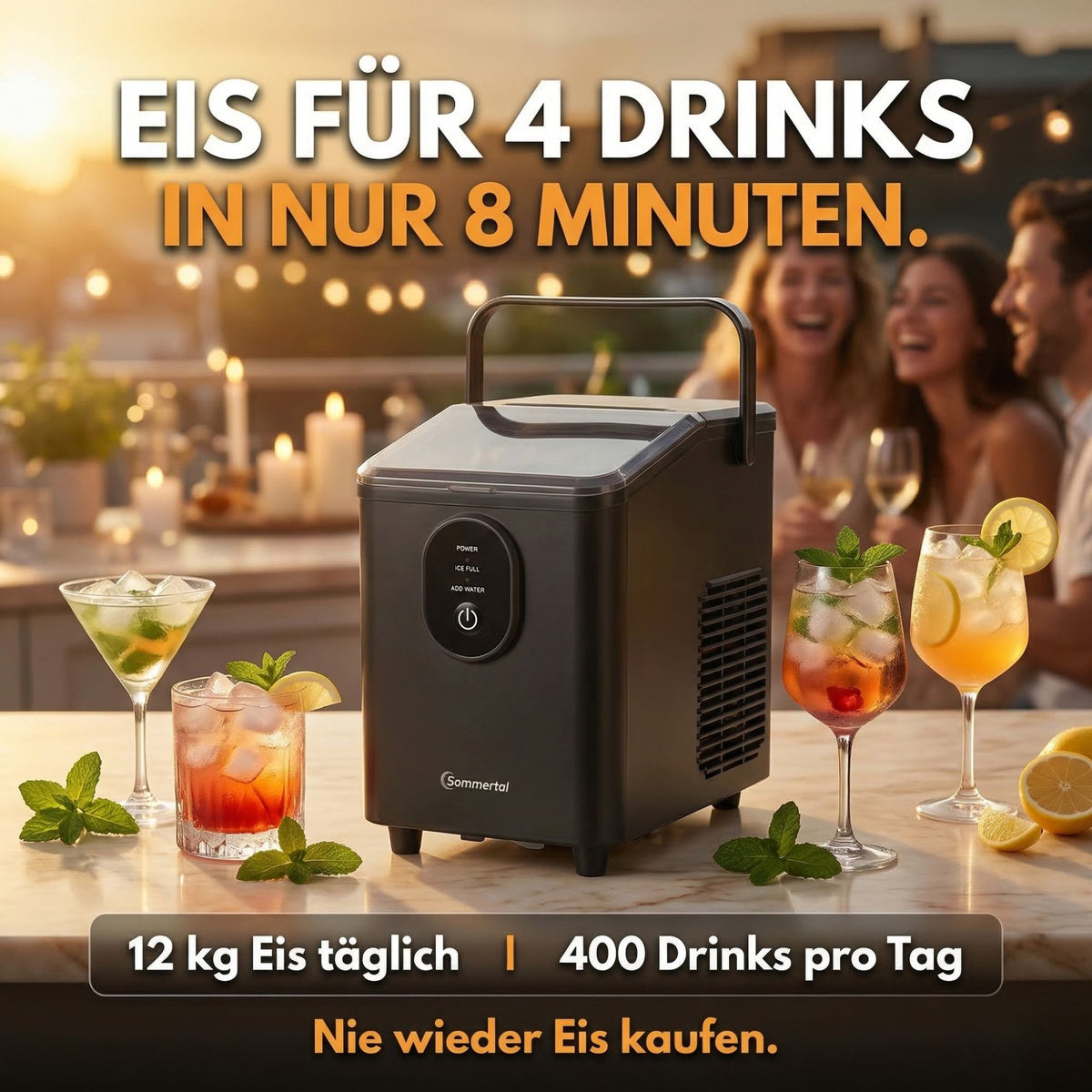 EM12S Eiswürfelmaschine | Eismaschine 12kg/24h | Eiswürfelbereiter mit Griff | extra große 0,3kg Bullet Eiswürfel in 20 Min | leise 50db | Ice Maker für Küche, Büro & Party