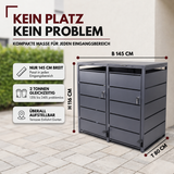 Mülltonnenbox 2er mit Pedal, 120L bis 240L, für Zwei Tonnen, Metallverkleidung aus verzinktem Stahl, Anthrazit Grau RAL7016, abschließbar, wetterfest, ISO9227, mit Aufkleber Set