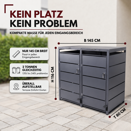 Mülltonnenbox 2er mit Pedal, 120L bis 240L, für Zwei Tonnen, Metallverkleidung aus verzinktem Stahl, Anthrazit Grau RAL7016, abschließbar, wetterfest, ISO9227, mit Aufkleber Set