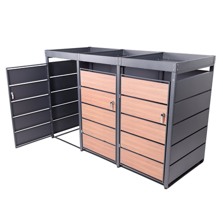 Mülltonnenbox 3er Holzdekor mit Pflanzkasten, 120L bis 240L, für Drei Tonnen, Metall, Anthrazit RAL7016, abschließbar, wetterfest, ISO9227, mit Aufkleber Set