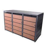 Mülltonnenbox 3er Holzdekor, 120L bis 240L, für Drei Tonnen, Mülltonnenverkleidung aus verzinktem Metall mit Holzdekor-Front, Anthrazit Grau RAL7016, abschließbar, wetterfest, geprüft nach ISO9227, mit Aufkleber Set