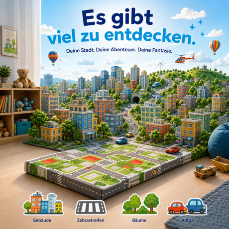 Arensberger Kinderreisebett Matratze 60x120 cm – faltbare Baby- & Kindermatratze mit Stadtmotiv, Nanocell Gelschaum, abnehmbarer Bezug & Tragetasche