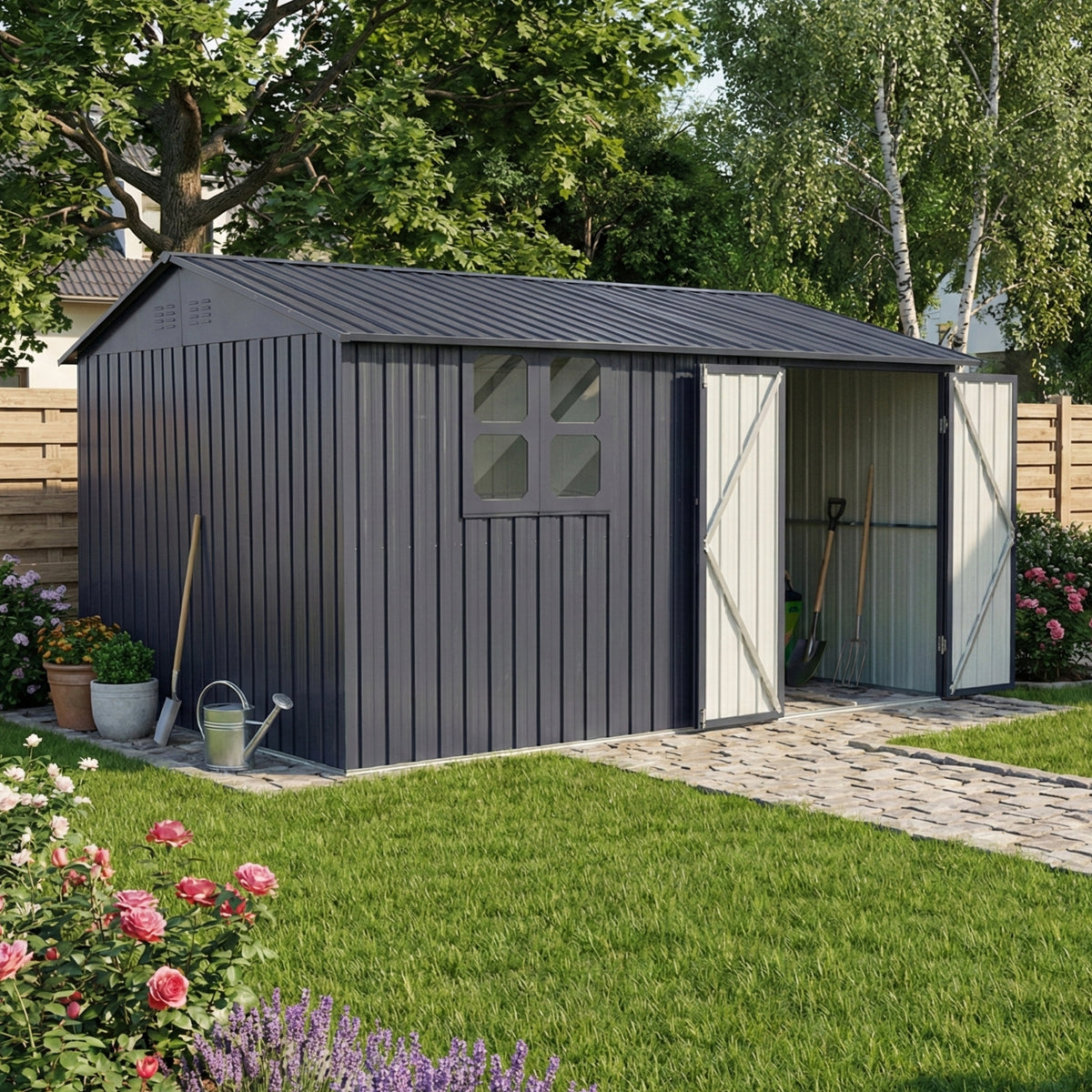 Albatros Profi Gerätehaus XXXL – verzinktes Metall in Anthrazit (RAL 7016) | 371x304x201cm