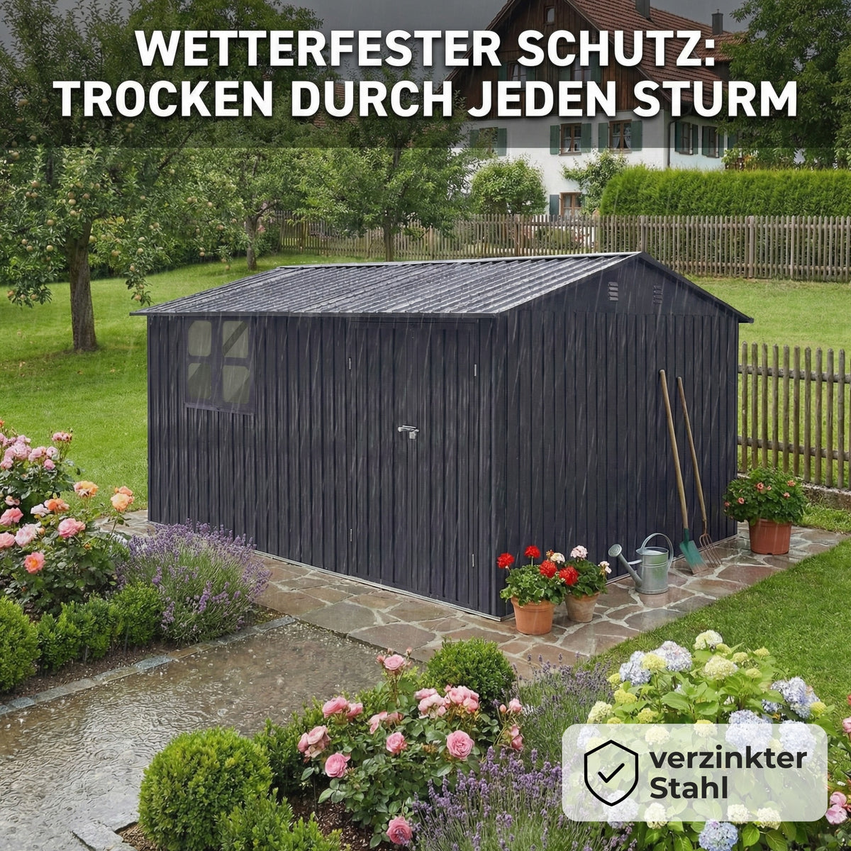 Albatros Profi Gerätehaus XXXL – verzinktes Metall in Anthrazit (RAL 7016) | 371x304x201cm