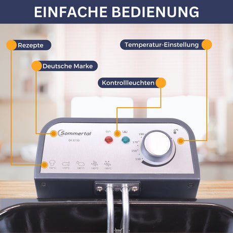 Sommertal XXL Doppel-Fritteuse mit Öl oder Fett – 3 Körbe, 5 Liter, 3000 Watt, Kaltzone, DF3270+ 1L Fettlöser