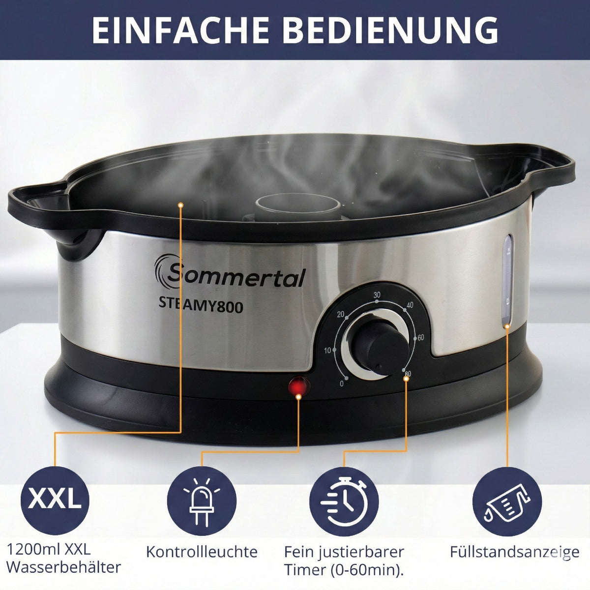 Sommertal Dampfgarer elektrisch,16L XXL Dampftopf, 1200ml Wasserbehälter, 800W, BPA-frei, 3 Dampfgar-Ebenen, 60 Min Timer + Abschaltautomatik