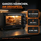 Minibackofen 30 Liter mit Drehspieß & Umluft, 1500W, 100–230°C, 60 Min. Timer, Hähnchengrill Mini Backofen, Kleiner Backofen zum Backen, Grillen & Pizza, Campingbackofen inkl. Zubehör