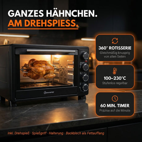Minibackofen 30 Liter mit Drehspieß & Umluft, 1500W, 100–230°C, 60 Min. Timer, Hähnchengrill Mini Backofen, Kleiner Backofen zum Backen, Grillen & Pizza, Campingbackofen inkl. Zubehör