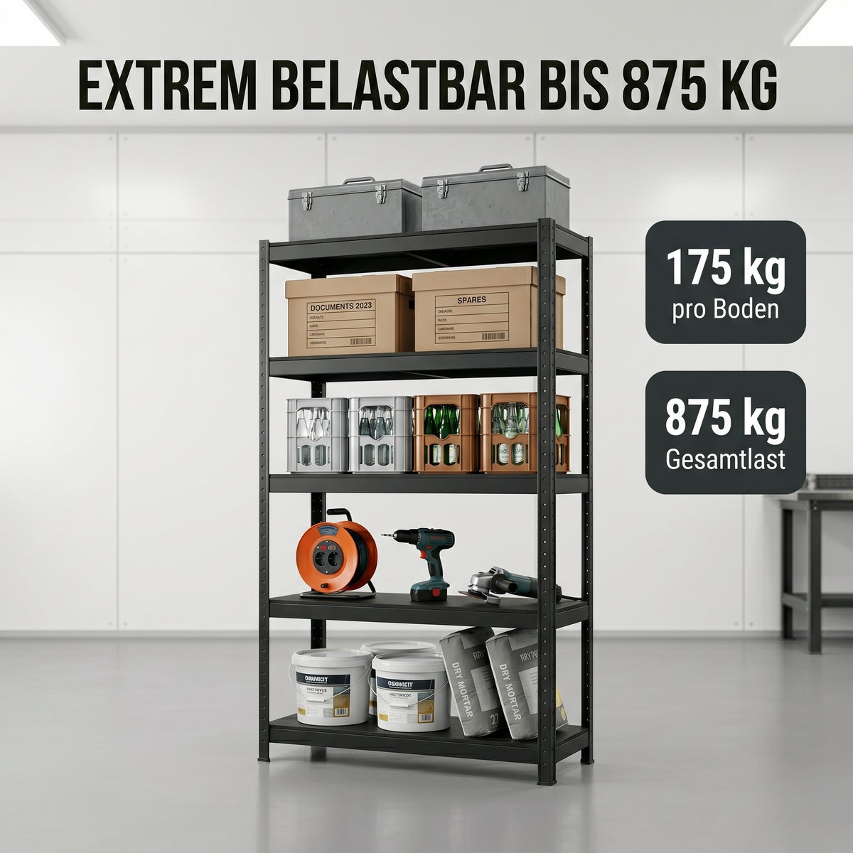 SR2B Premium Schwerlastregal Schwarz – 875 kg belastbar, wasserfest, matte laminierte Böden, 5 verstellbare Ebenen, teilbares Steckregal 180x90x40 cm, Stahlregal inkl. 2 Haken