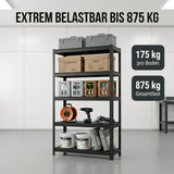 SR2B Premium Schwerlastregal Schwarz – 875 kg belastbar, wasserfest, matte laminierte Böden, 5 verstellbare Ebenen, teilbares Steckregal 180x90x40 cm, Stahlregal inkl. 2 Haken