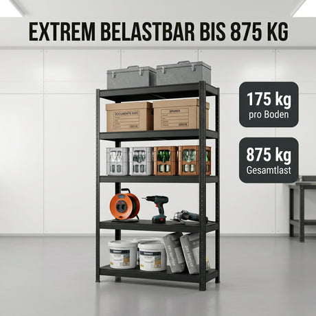 SR2B Premium Schwerlastregal Schwarz – 875 kg belastbar, wasserfest, matte laminierte Böden, 5 verstellbare Ebenen, teilbares Steckregal 180x90x40 cm, Stahlregal inkl. 2 Haken