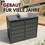 Mülltonnenbox 2er Tonne | bis 240 Liter | Anthrazitgrau RAL 7016 | verzinkter Stahl | Premium Dämpfer| Aufkleber-Set | wetterfest|