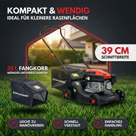 Rasenmäher Benzin BR390 – 4,0PS (2,9kW) 127ccm, 39cm Schnittbreite, Schnitthöhenverstellung, kompakt, 35L Fangkorb