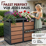 Mülltonnenbox 2er Holzdekor mit Pflanzkasten, 120L bis 240L, für Zwei Tonnen, Metall, Anthrazit Grau RAL7016, abschließbar, wetterfest, geprüft ISO9227, mit Aufkleber Set