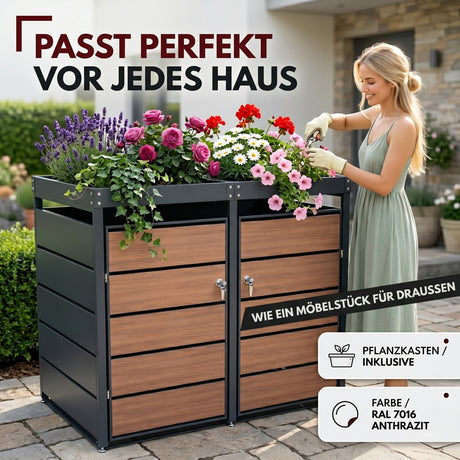 Mülltonnenbox 2er Holzdekor mit Pflanzkasten, 120L bis 240L, für Zwei Tonnen, Metall, Anthrazit Grau RAL7016, abschließbar, wetterfest, geprüft ISO9227, mit Aufkleber Set