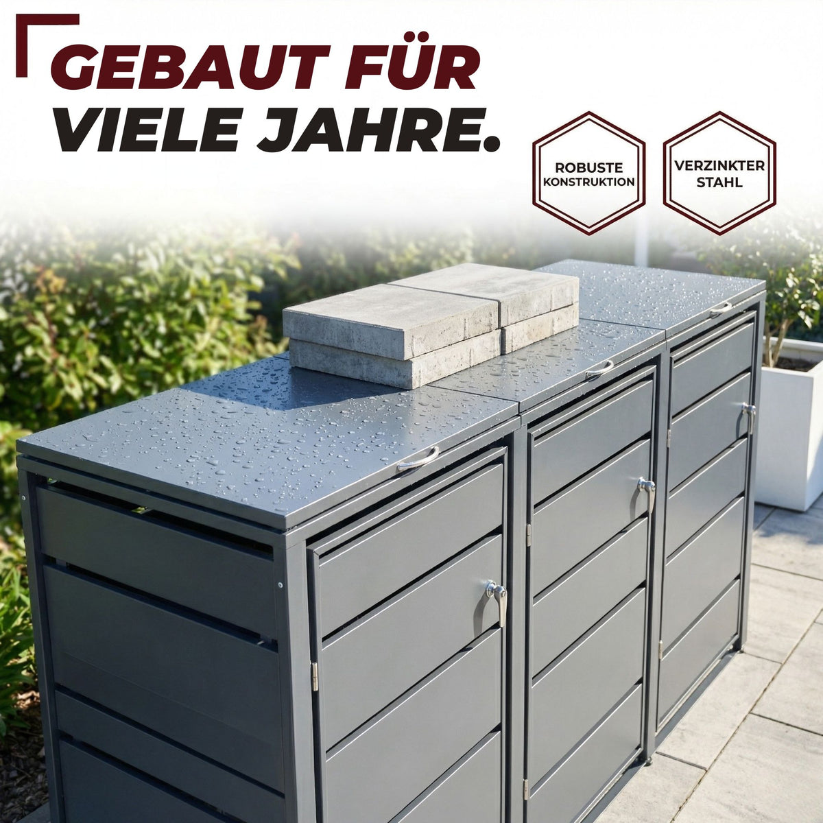 Mülltonnenbox 3er Tonne | bis 240 Liter | Anthrazitgrau RAL 7016 | verzinkter Stahl | Premium Dämpfer| Aufkleber-Set | wetterfest