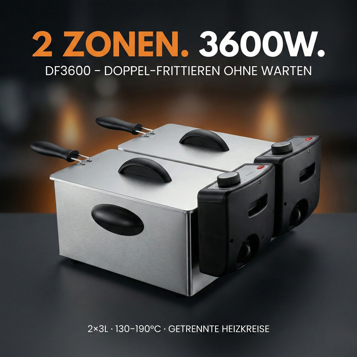 DF3600 Doppel Fritteuse 2x3L 3600W Edelstahl + 1L Fettlöser