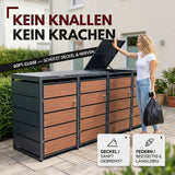 Mülltonnenbox 4er Holzdekor, 120L bis 240L, für Vier Tonnen, Mülltonnenverkleidung aus verzinktem Metall mit Holzdekor-Front, Anthrazit Grau RAL7016, abschließbar, wetterfest, geprüft nach ISO9227, mit Aufkleber Set