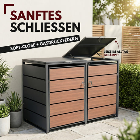 Mülltonnenbox 2er Holzdekor, 120L bis 240L, für Zwei Tonnen, Mülltonnenverkleidung aus verzinktem Metall mit Holzoptik, abschließbar, wetterfest, geprüft nach ISO9227, mit Aufkleber Set