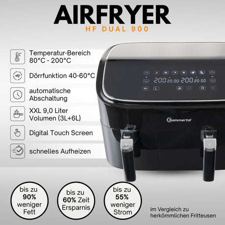 Sommertal Heißluftfritteuse HF DUAL 900 mit Doppelkammer | 9 Liter XXL Airfryer & Dörrgerät | 2850W