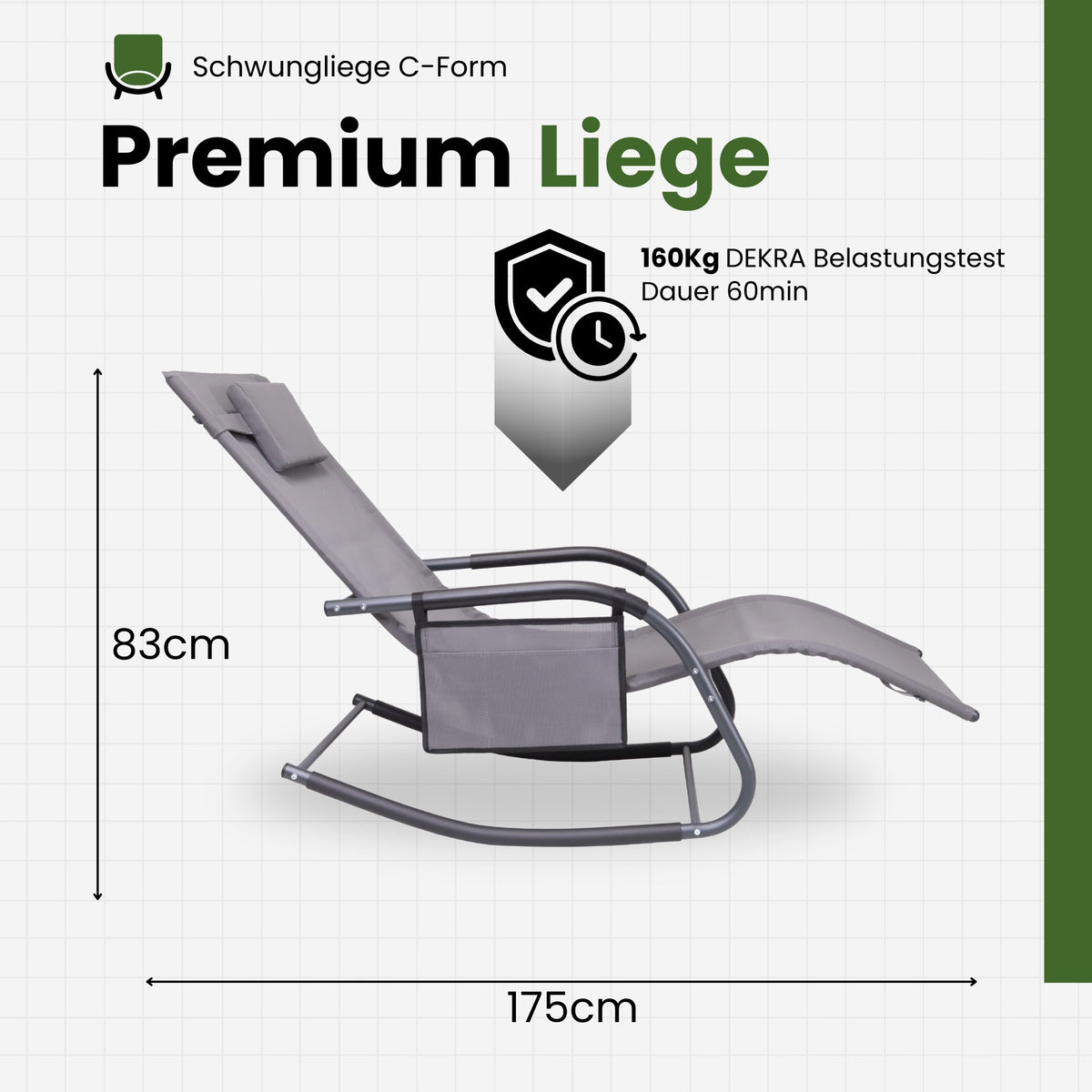 Premium Gartenliege C-FORM | Schwungliege Relaxliege Gartenstuhl| mit Kopfkissen | wetterfest ergonomisch Relaxsessel | belastbar bis 160Kg