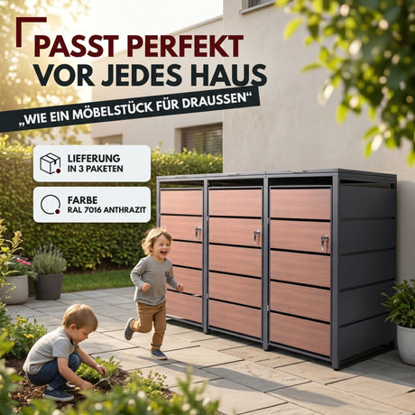 Mülltonnenbox 3er Holzdekor, 120L bis 240L, für Drei Tonnen, Mülltonnenverkleidung aus verzinktem Metall mit Holzdekor-Front, Anthrazit Grau RAL7016, abschließbar, wetterfest, geprüft nach ISO9227, mit Aufkleber Set