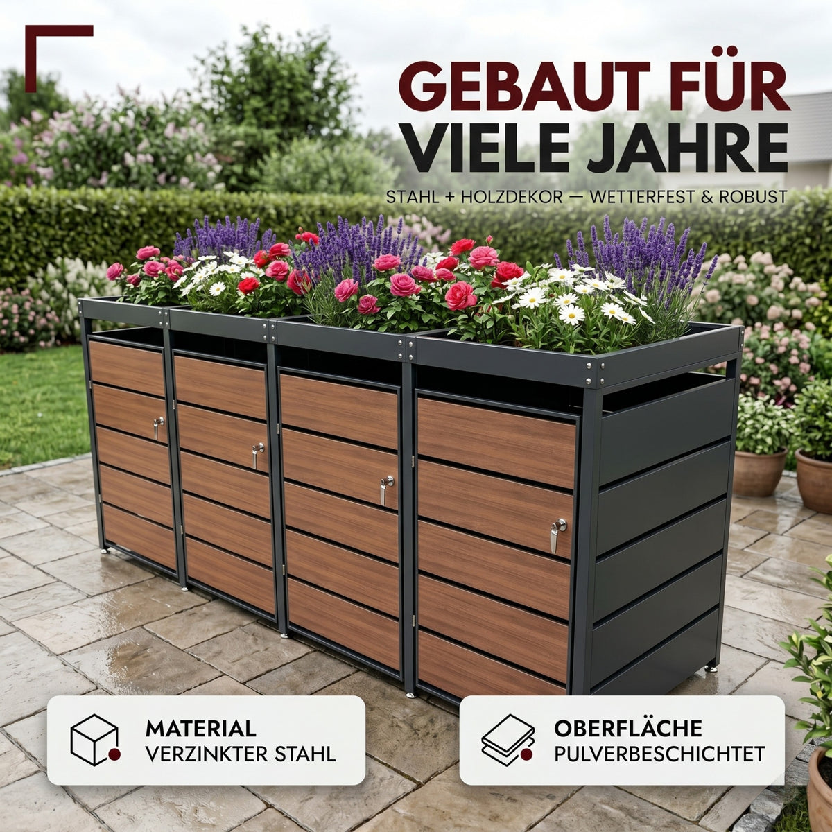 Mülltonnenbox 4er Holzdekor mit Pflanzkasten, 120L bis 240L, für Vier Tonnen, Metall, Anthrazit RAL7016, abschließbar, wetterfest, ISO9227, mit Aufkleber Set