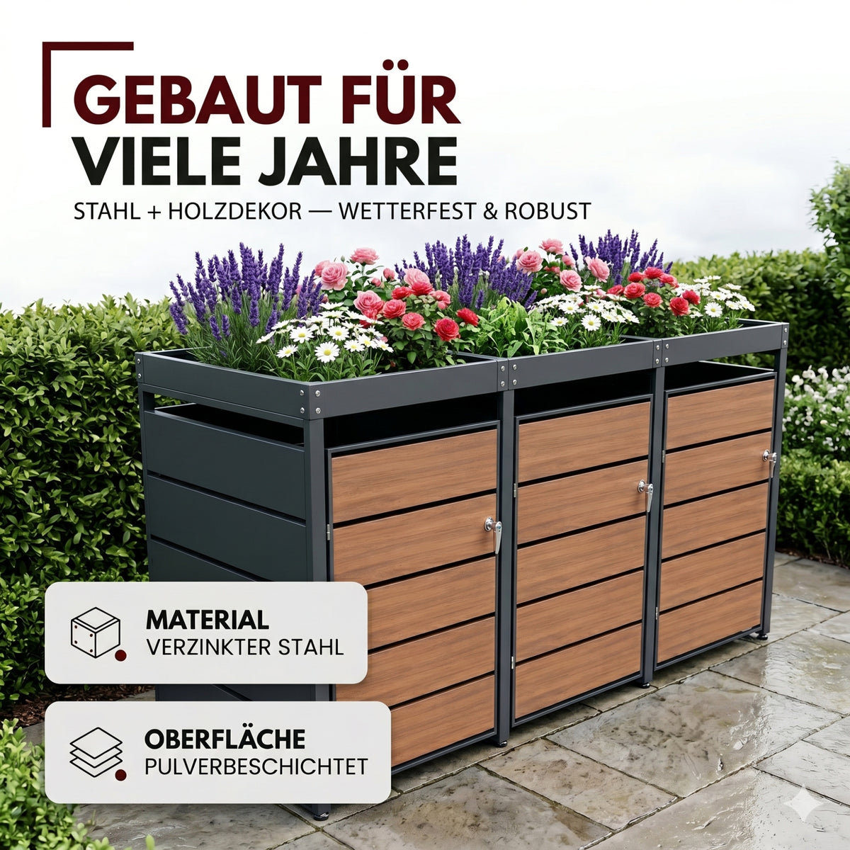 Mülltonnenbox 3er Holzdekor mit Pflanzkasten, 120L bis 240L, für Drei Tonnen, Metall, Anthrazit RAL7016, abschließbar, wetterfest, ISO9227, mit Aufkleber Set
