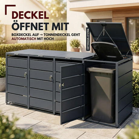 Mülltonnenbox 4er Tonne | bis 240 Liter | Anthrazitgrau RAL 7016 | verzinkter Stahl | Premium Dämpfer| Aufkleber-Set | wetterfest