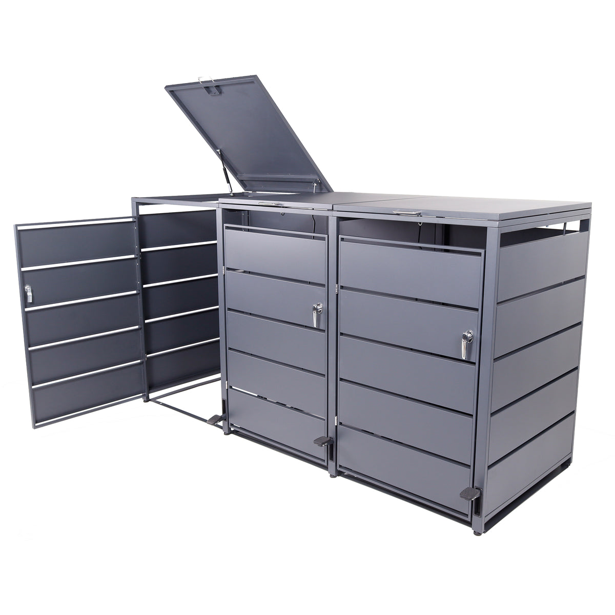 Mülltonnenbox 3er mit Pedal, 120L bis 240L, für Drei Tonnen, Metallverkleidung aus verzinktem Stahl, Anthrazit Grau RAL7016, abschließbar, wetterfest, ISO9227, mit Aufkleber Set
