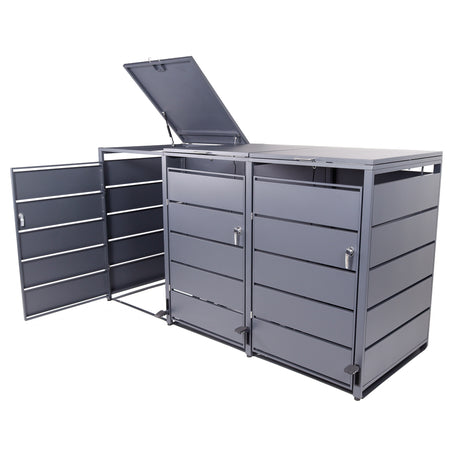 Mülltonnenbox 3er mit Pedal, 120L bis 240L, für Drei Tonnen, Metallverkleidung aus verzinktem Stahl, Anthrazit Grau RAL7016, abschließbar, wetterfest, ISO9227, mit Aufkleber Set
