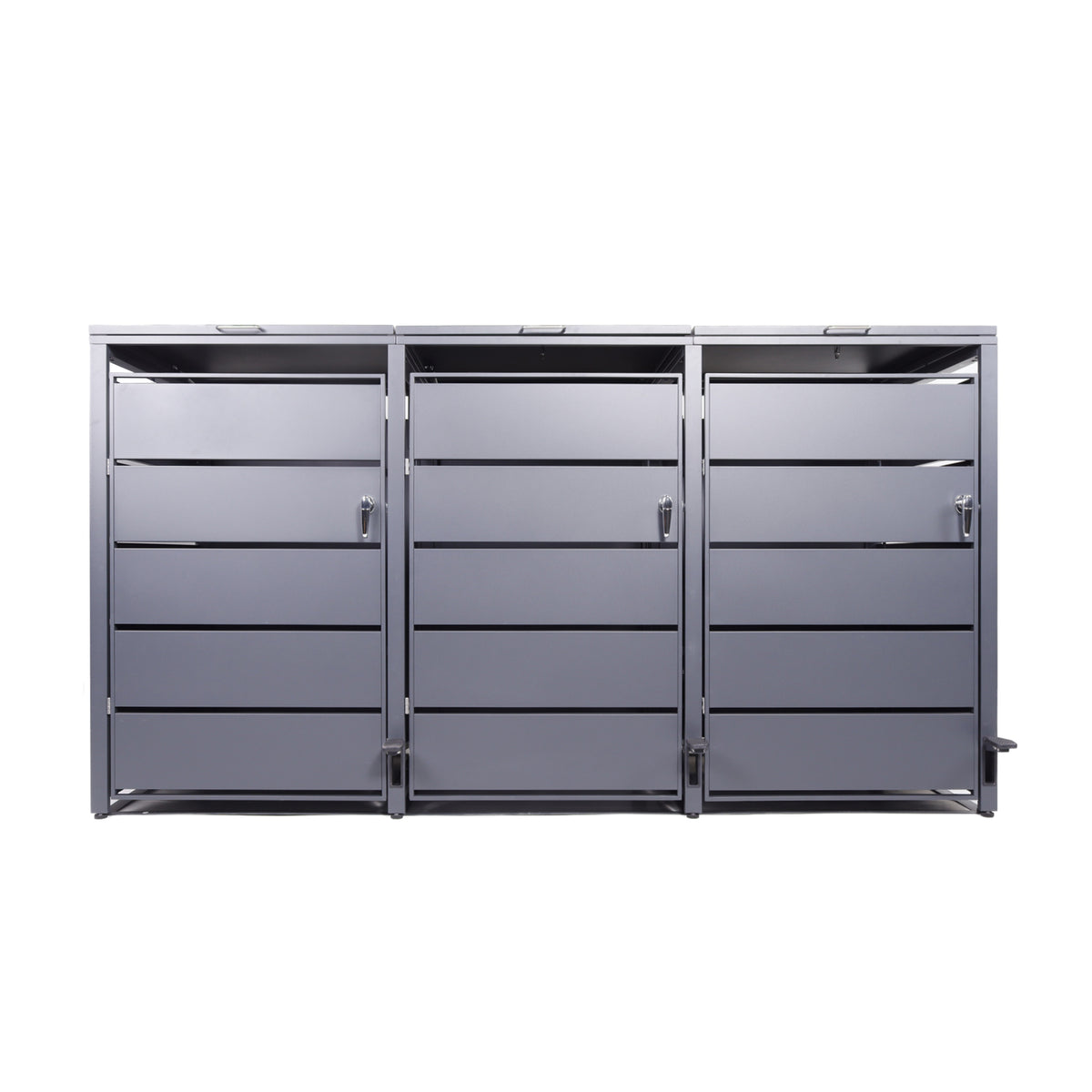 Mülltonnenbox 3er mit Pedal, 120L bis 240L, für Drei Tonnen, Metallverkleidung aus verzinktem Stahl, Anthrazit Grau RAL7016, abschließbar, wetterfest, ISO9227, mit Aufkleber Set