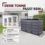 Mülltonnenbox 3er mit Pedal, 120L bis 240L, für Drei Tonnen, Metallverkleidung aus verzinktem Stahl, Anthrazit Grau RAL7016, abschließbar, wetterfest, ISO9227, mit Aufkleber Set