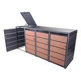 Mülltonnenbox 4er Holzdekor, 120L bis 240L, für Vier Tonnen, Mülltonnenverkleidung aus verzinktem Metall mit Holzdekor-Front, Anthrazit Grau RAL7016, abschließbar, wetterfest, geprüft nach ISO9227, mit Aufkleber Set