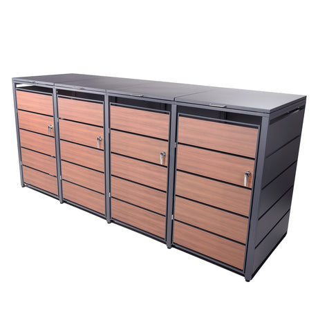 Mülltonnenbox 4er Holzdekor, 120L bis 240L, für Vier Tonnen, Mülltonnenverkleidung aus verzinktem Metall mit Holzdekor-Front, Anthrazit Grau RAL7016, abschließbar, wetterfest, geprüft nach ISO9227, mit Aufkleber Set
