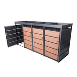 Mülltonnenbox 4er Holzdekor mit Pflanzkasten, 120L bis 240L, für Vier Tonnen, Metall, Anthrazit RAL7016, abschließbar, wetterfest, ISO9227, mit Aufkleber Set