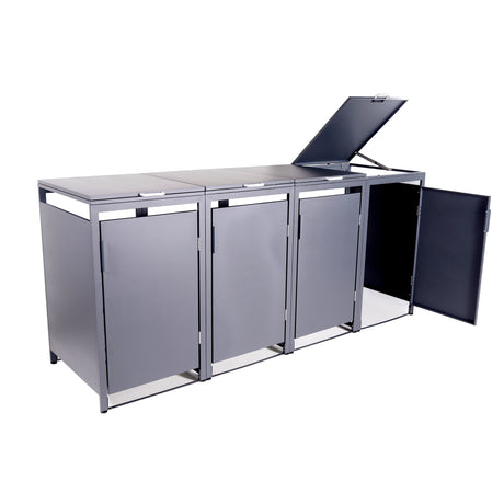 Mülltonnenbox 4er Hauswandversion, 120L bis 240L, für Vier Tonnen, verzinktes Metall RAL7016 Anthrazit, offene Rückseite, bessere Belüftung, wetterfest, ISO9227, verstellbare Füße