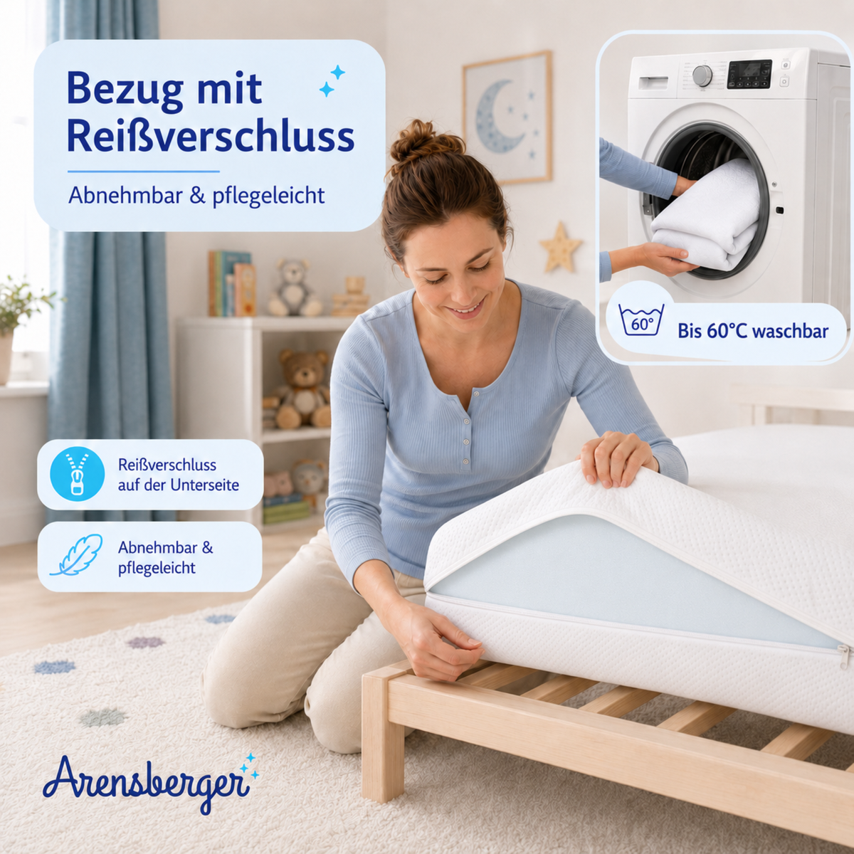 Arensberger Kindermatratze Babymatratze NORA, Höhe 12cm, Bezug waschbar & abnehmbar, punktelastischer Gelschaum, Jugendmatratze, allergikerfreundlich premium Bezug