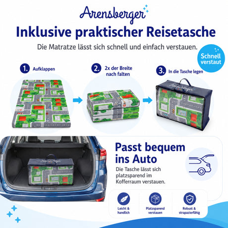 Arensberger Kinderreisebett Matratze 60x120 cm – faltbare Baby- & Kindermatratze mit Stadtmotiv, Nanocell Gelschaum, abnehmbarer Bezug & Tragetasche