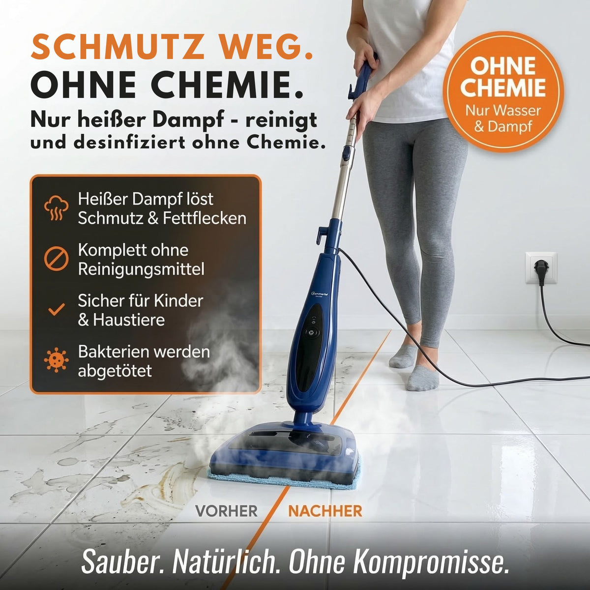 Sommertal Dampfreiniger für Böden 2-in-1 – 1200W, 500ml Tank, 30–45 g/min, Dampfmop & Handdampfreiniger