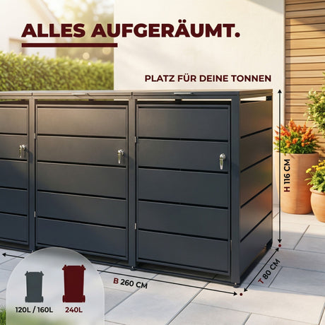Mülltonnenbox 4er Tonne | bis 240 Liter | Anthrazitgrau RAL 7016 | verzinkter Stahl | Premium Dämpfer| Aufkleber-Set | wetterfest