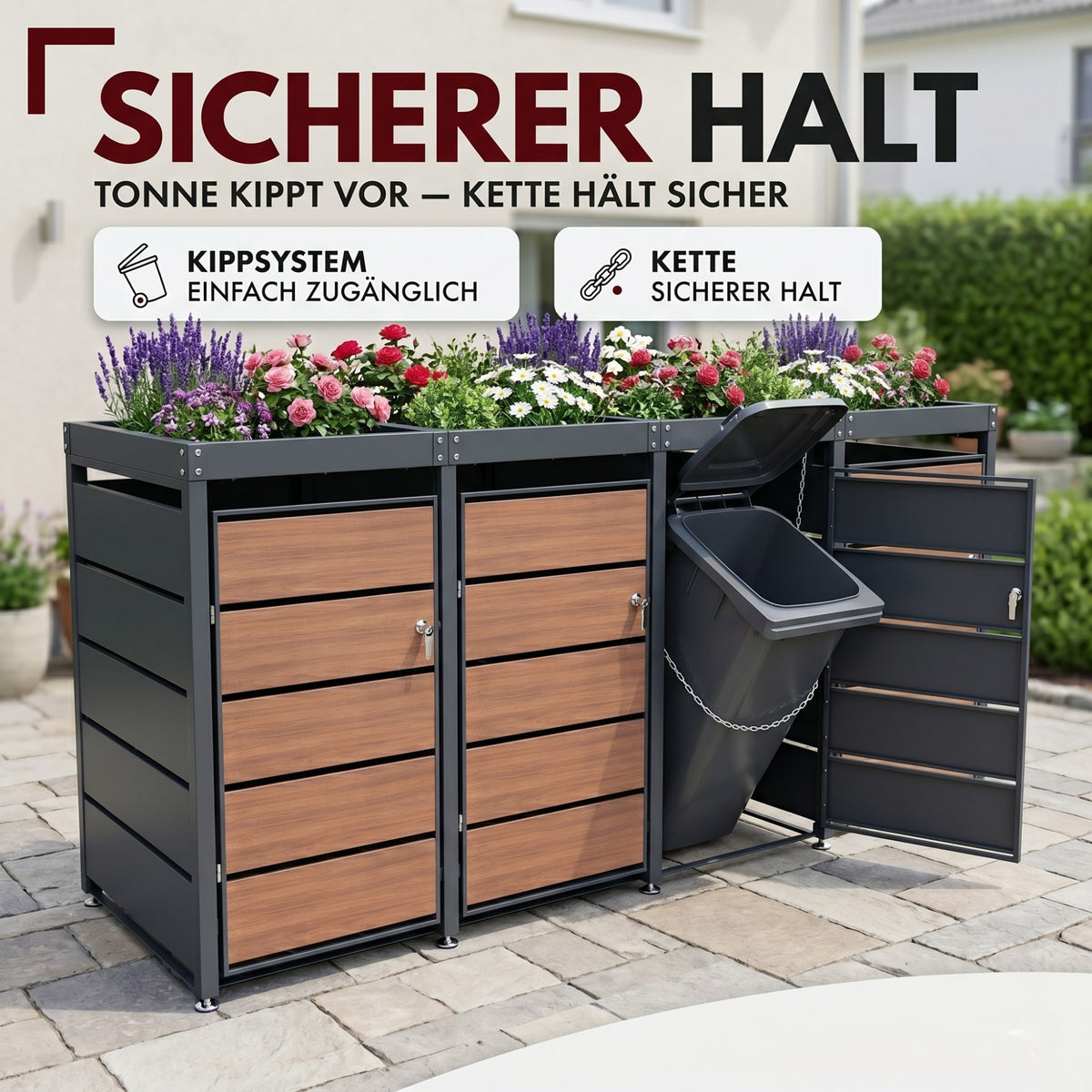 Mülltonnenbox 4er Holzdekor mit Pflanzkasten, 120L bis 240L, für Vier Tonnen, Metall, Anthrazit RAL7016, abschließbar, wetterfest, ISO9227, mit Aufkleber Set