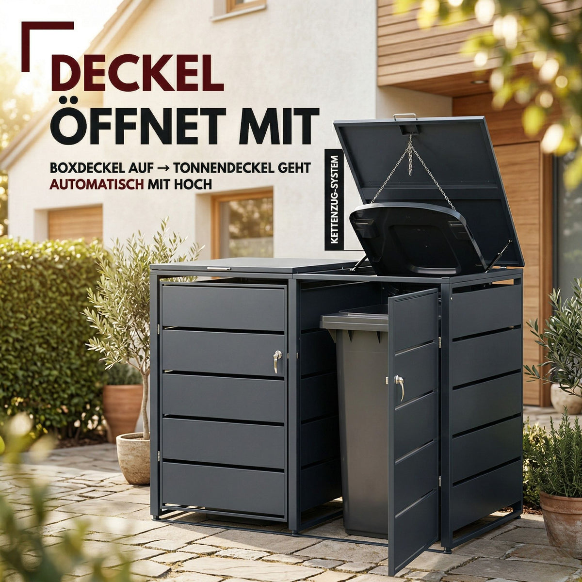 Mülltonnenbox 2er Tonne | bis 240 Liter | Anthrazitgrau RAL 7016 | verzinkter Stahl | Premium Dämpfer| Aufkleber-Set | wetterfest|
