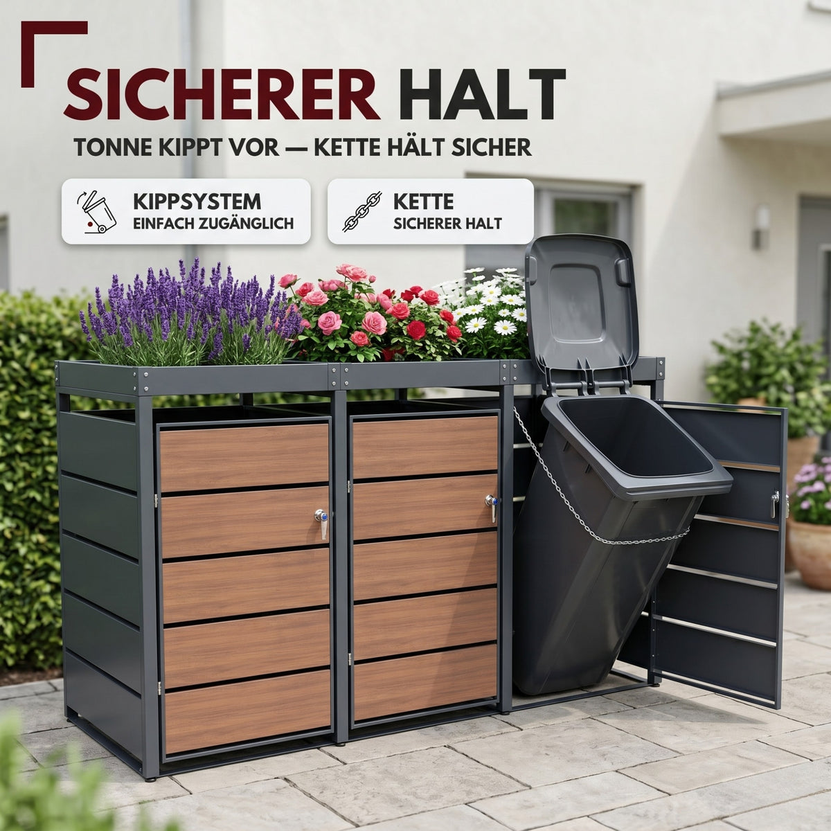 Mülltonnenbox 3er Holzdekor mit Pflanzkasten, 120L bis 240L, für Drei Tonnen, Metall, Anthrazit RAL7016, abschließbar, wetterfest, ISO9227, mit Aufkleber Set