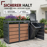 Mülltonnenbox 3er Holzdekor mit Pflanzkasten, 120L bis 240L, für Drei Tonnen, Metall, Anthrazit RAL7016, abschließbar, wetterfest, ISO9227, mit Aufkleber Set